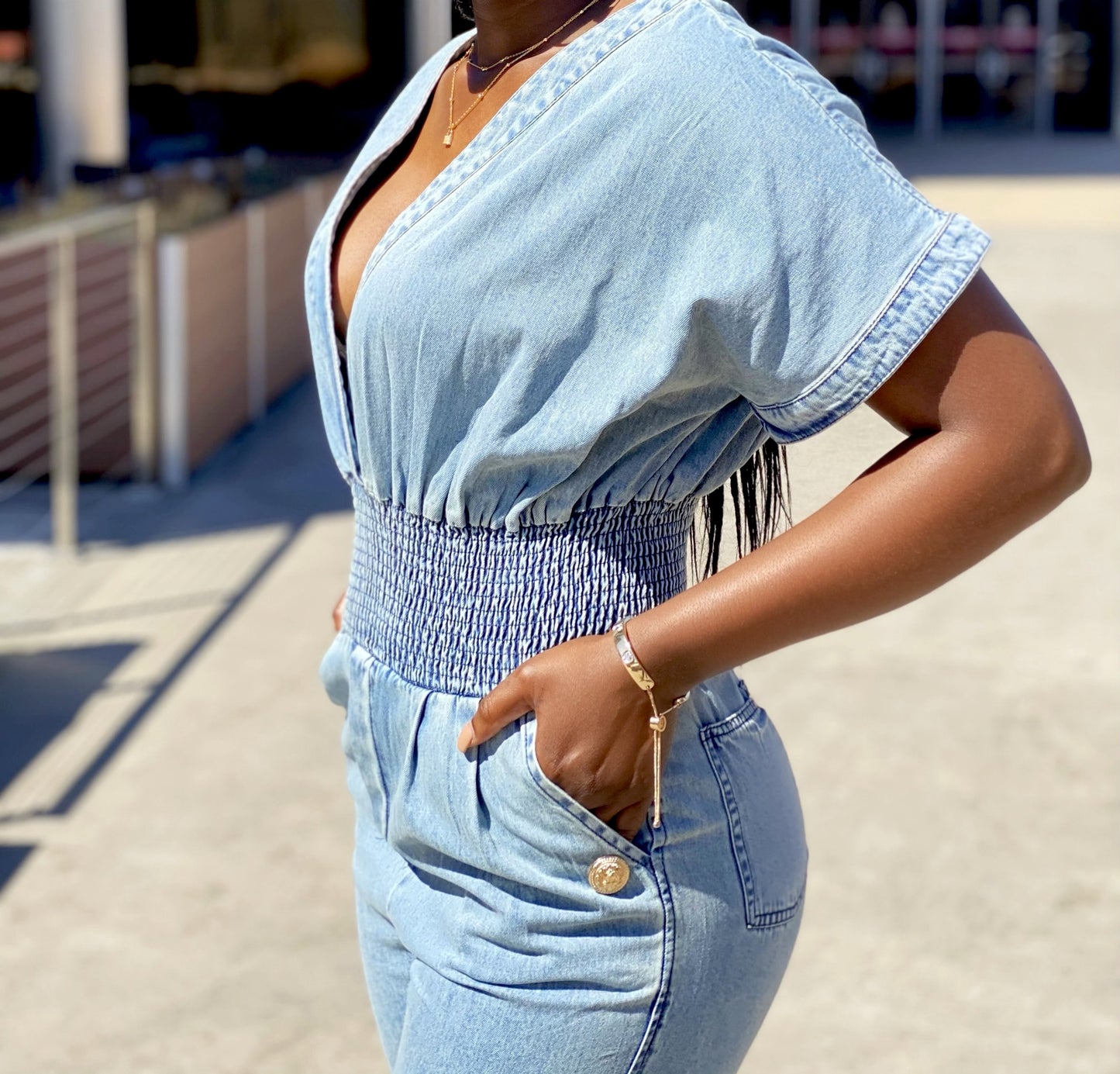 V neck jumpsuit(light wash denim)