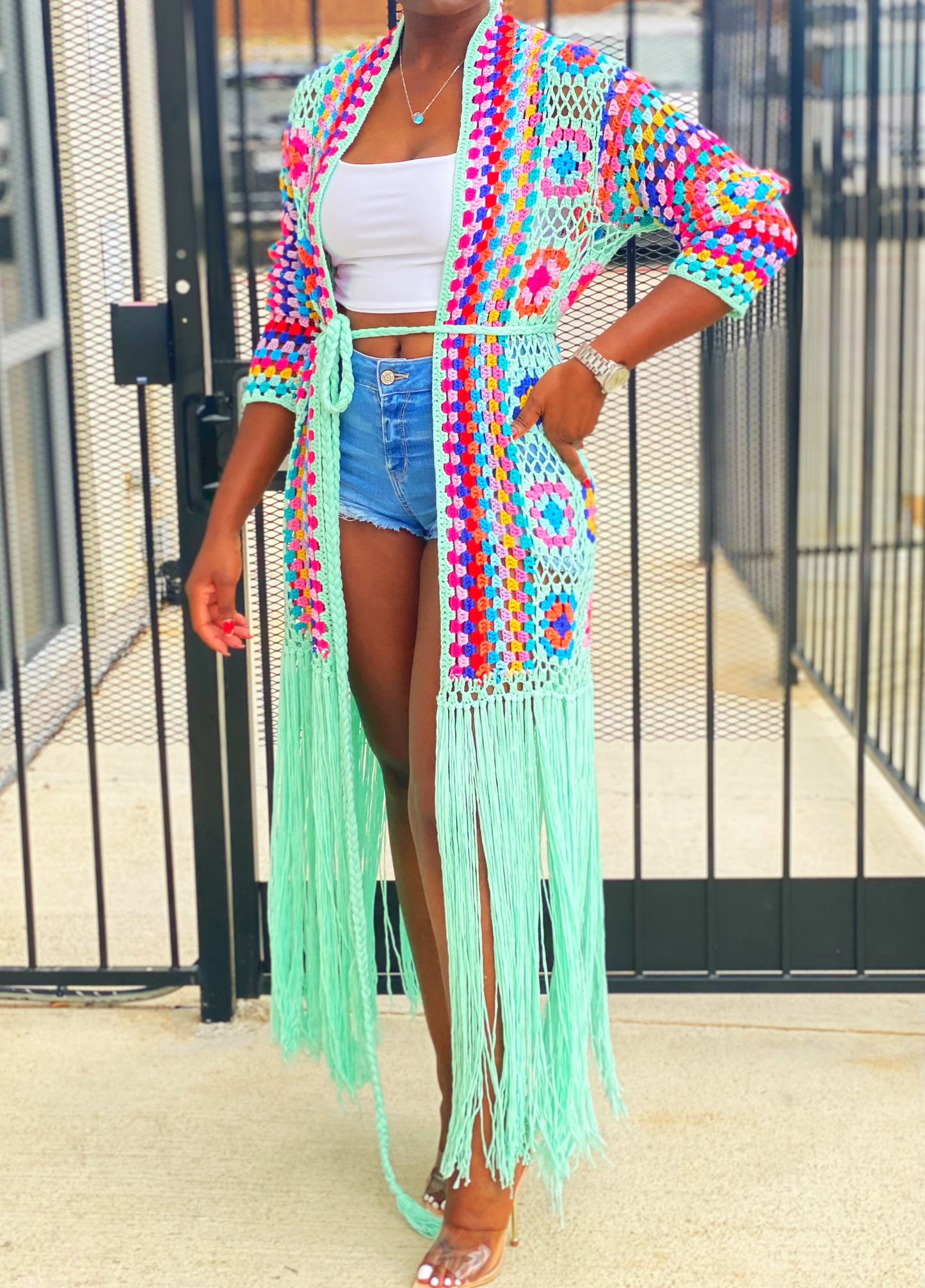 Crochet Fringe Cardigan (mint)