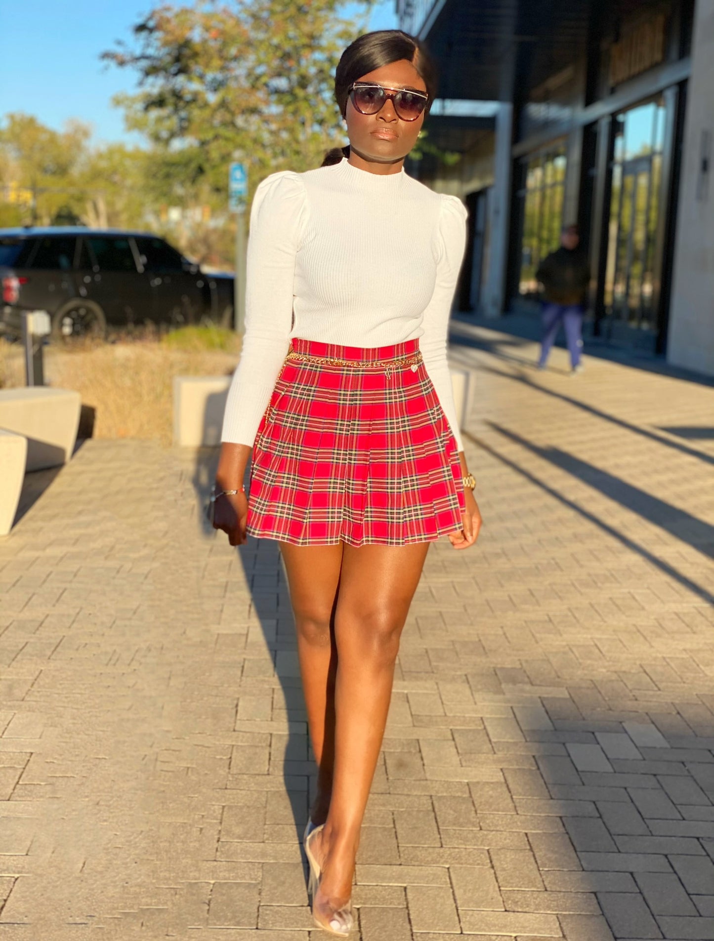 Plaid Pleated Skirt(Red)