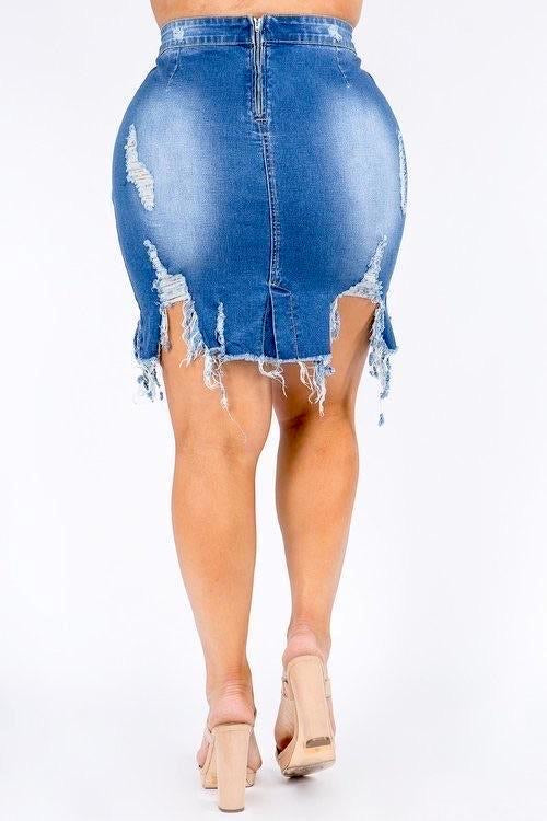 Distressed denim skirt