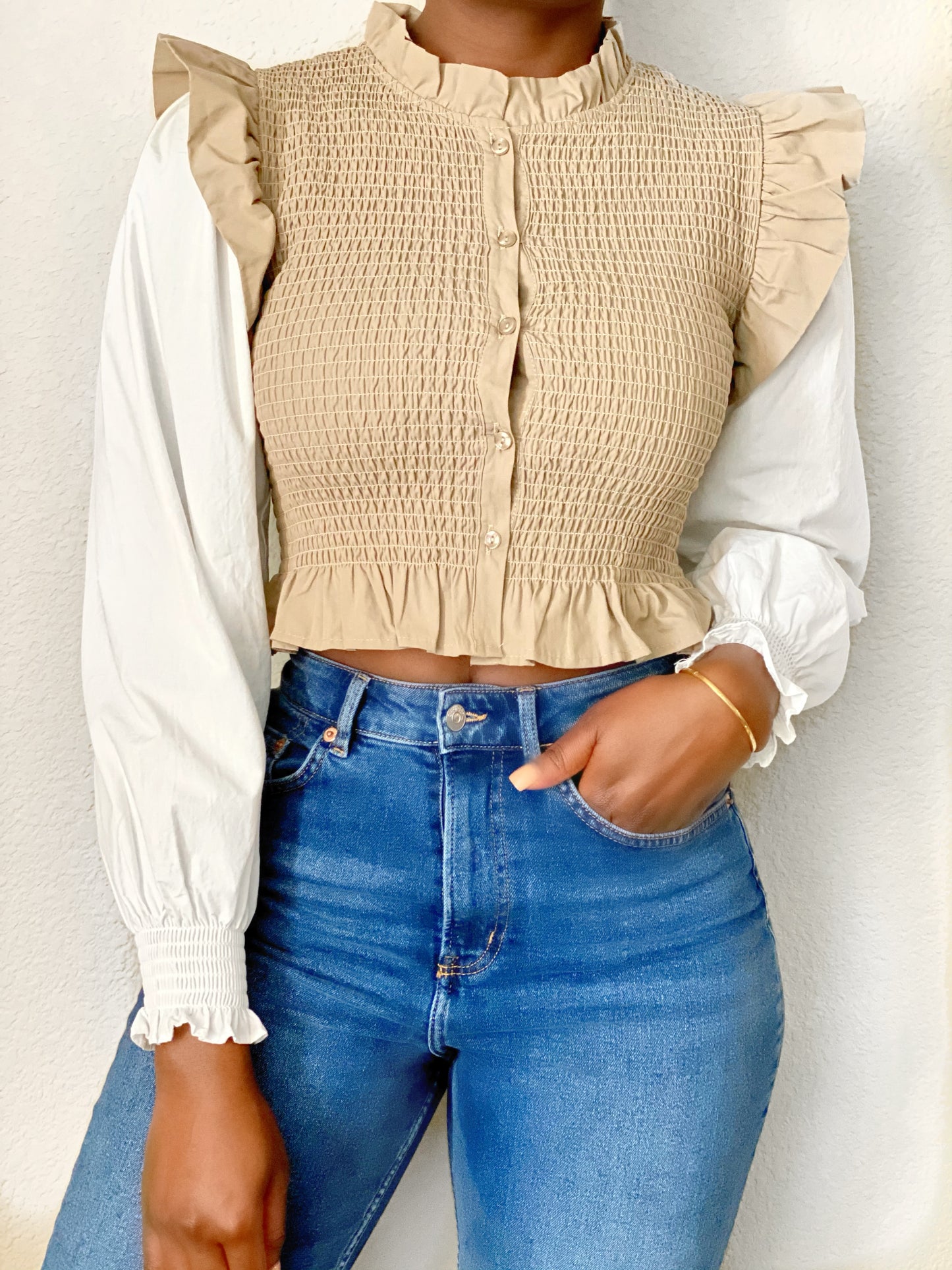 Cropped Shirt (Khaki/white)