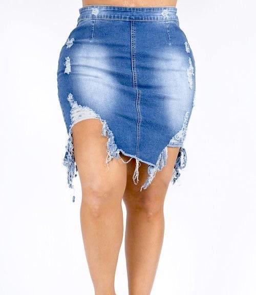 Distressed denim skirt