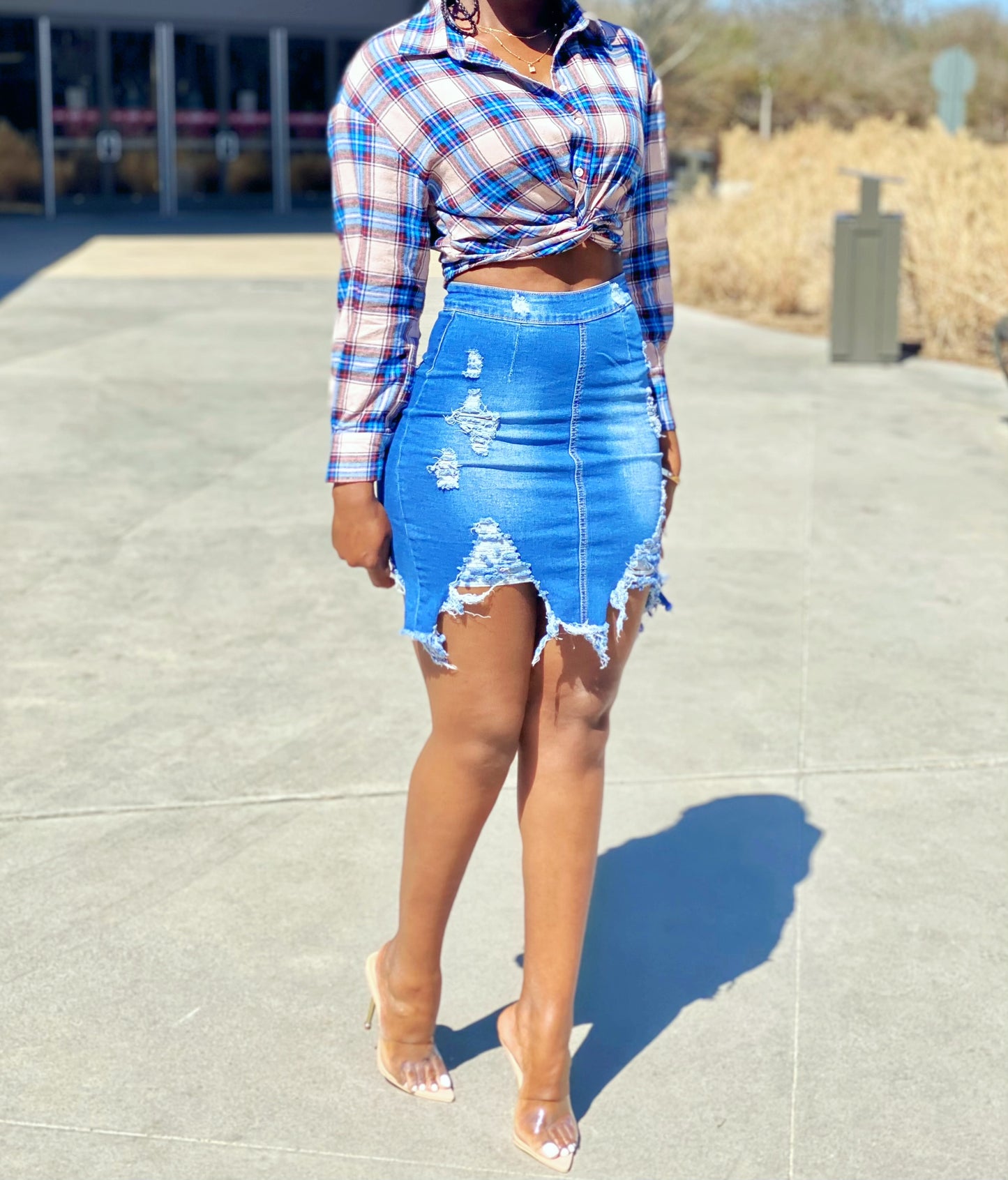 Distressed denim skirt