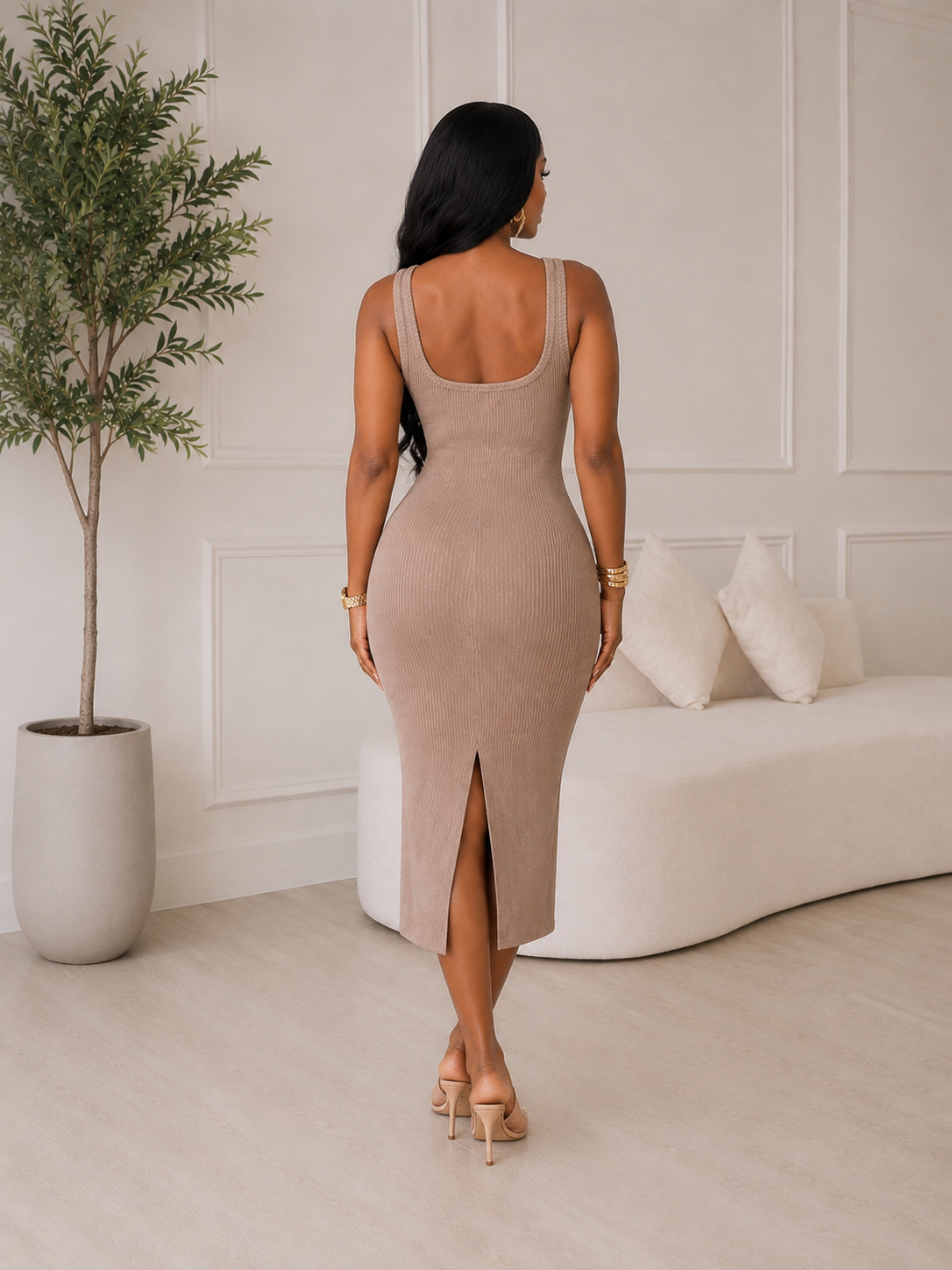 The Sculpt Tie Midi Dress (Mocha)