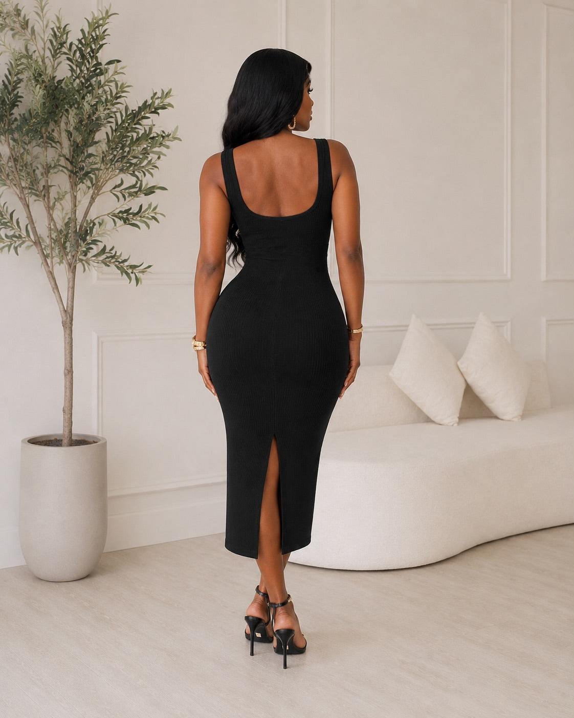 The Sculpt Tie Midi Dress(Black)