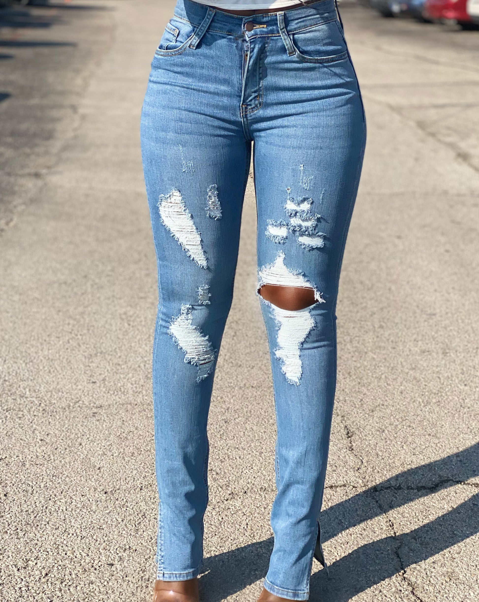Split hem distressed Jeans – MimiAce Collection